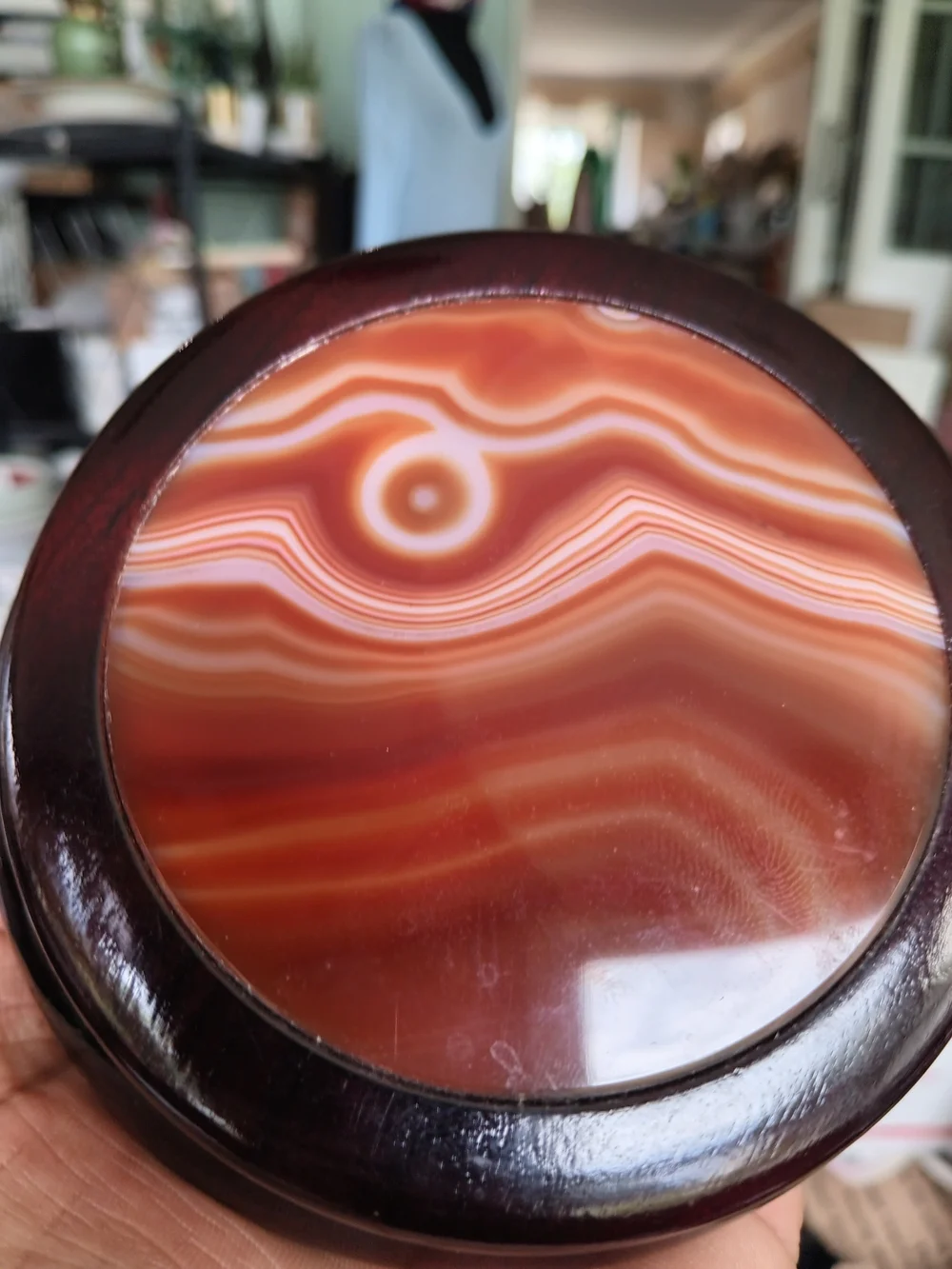 Polished Agate Stone Display on Dark Wood Base Trinket Box